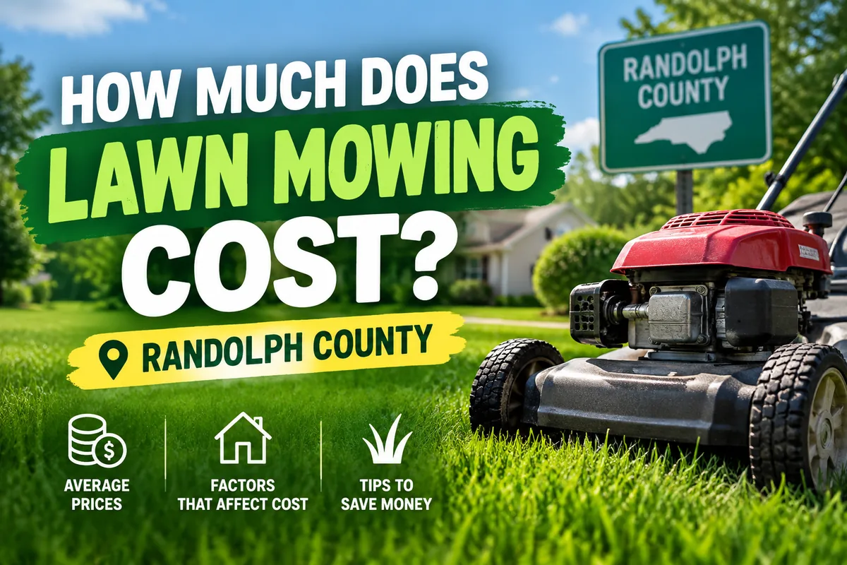 Title graphic reading How much does lawn mowing cost? Randolph County, with a red push mower on a green lawn