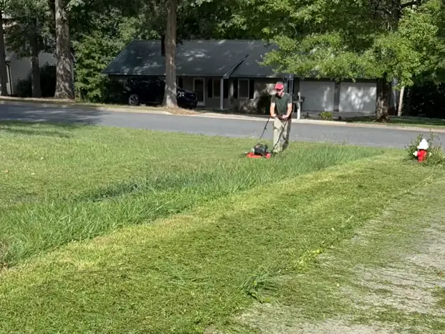 Pushing a mower through long grass, leaving a clean cut stripe by the sidewalk